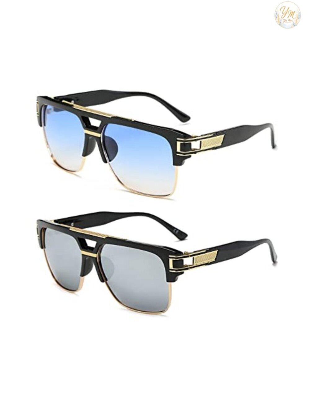 Classic Oversized Square Sunglasses Semi Rimless Gold Alloy Frame UV400